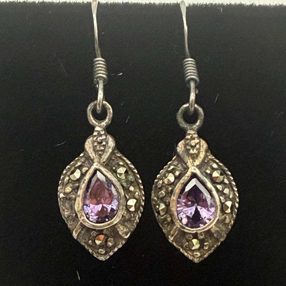 Vtg CW Sterling Silver 925 Amethyst Marcasite Earrings Dangle Drop Art Deco Read